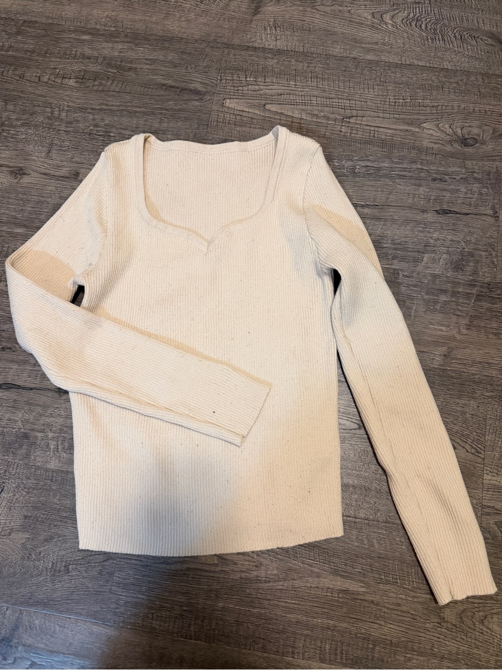 SHEIN Cream Ribbed Scoop-Neck Long Sleeve Top